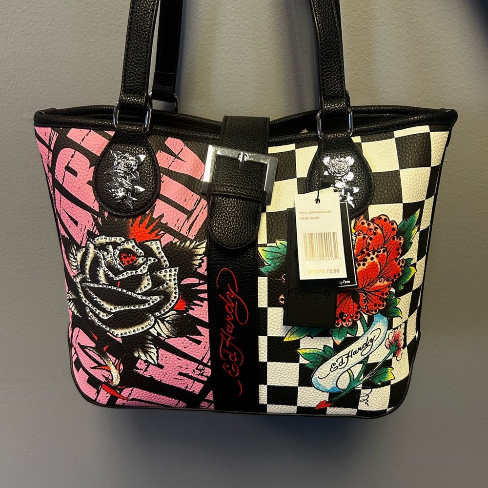Ed Hardy Black and White Checkered Tote with Floral Accents